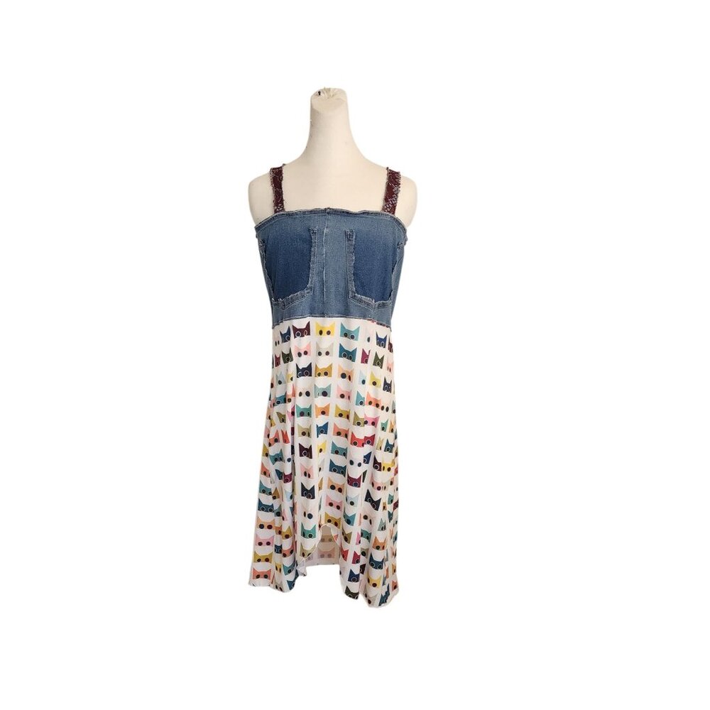 Upcycled Denim Dress Set with Cat Print. Scrunchie, Lace Fob, Change Purse